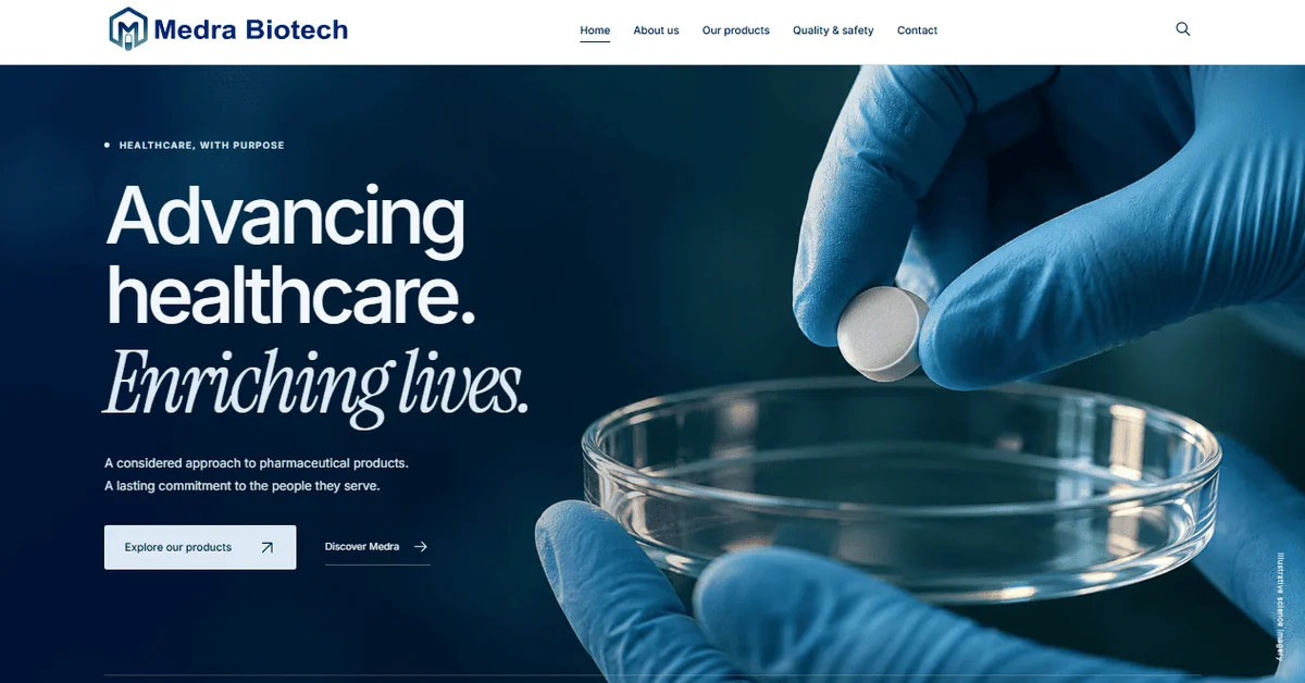 Medra Biotech homepage with a clear product-exploration action