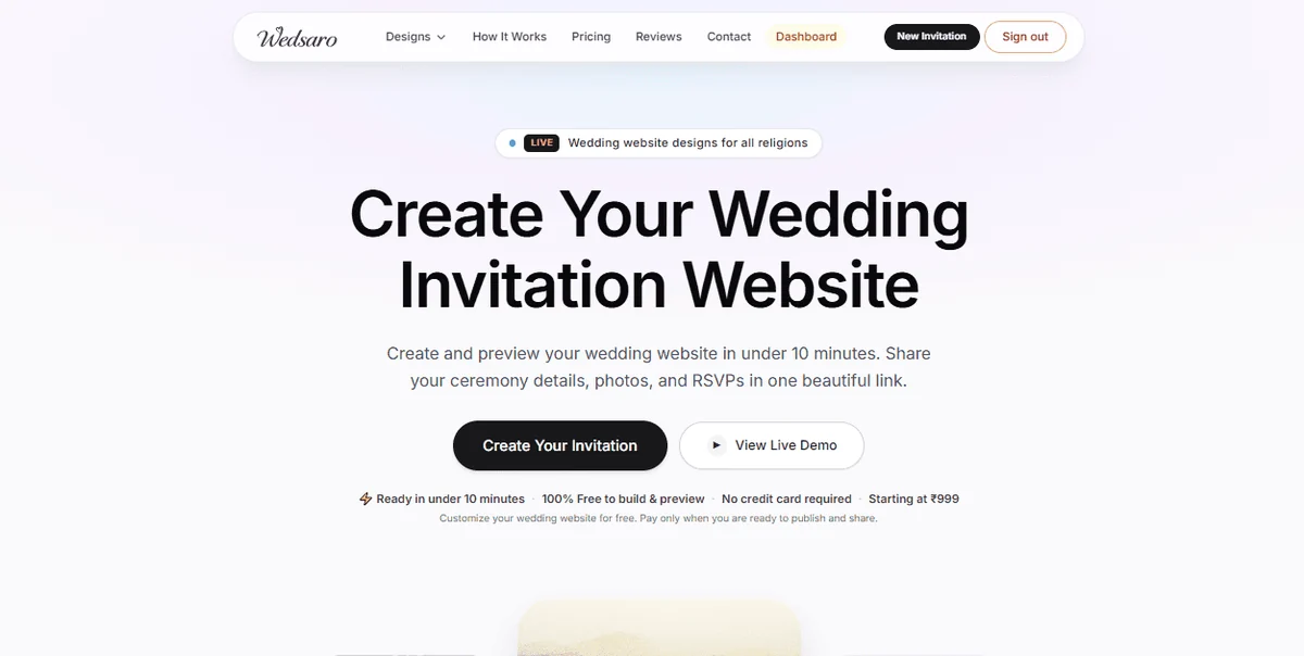 Wedsaro product homepage introducing wedding invitation websites